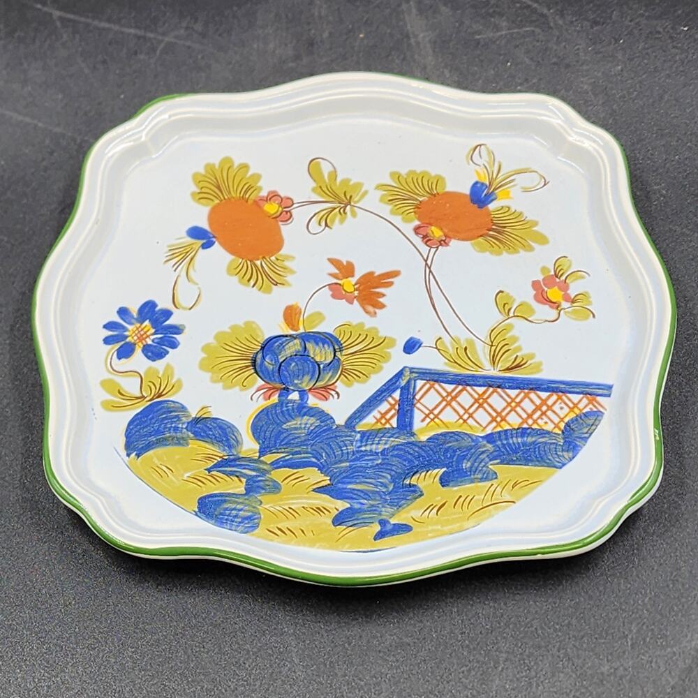 Faenza Italy Garofano Carnation Ceramic Dish Green Trim Garden Scene 8" CACF Vtg